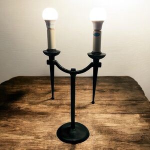 Vintage Robert Abbey Steel Double Candelabra 2-way Table Lamp, USA 19.5” H Goth